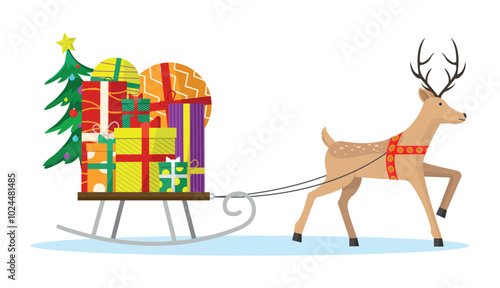 A Christmas deer pulls a sleigh with gifts and a Christmas tree.