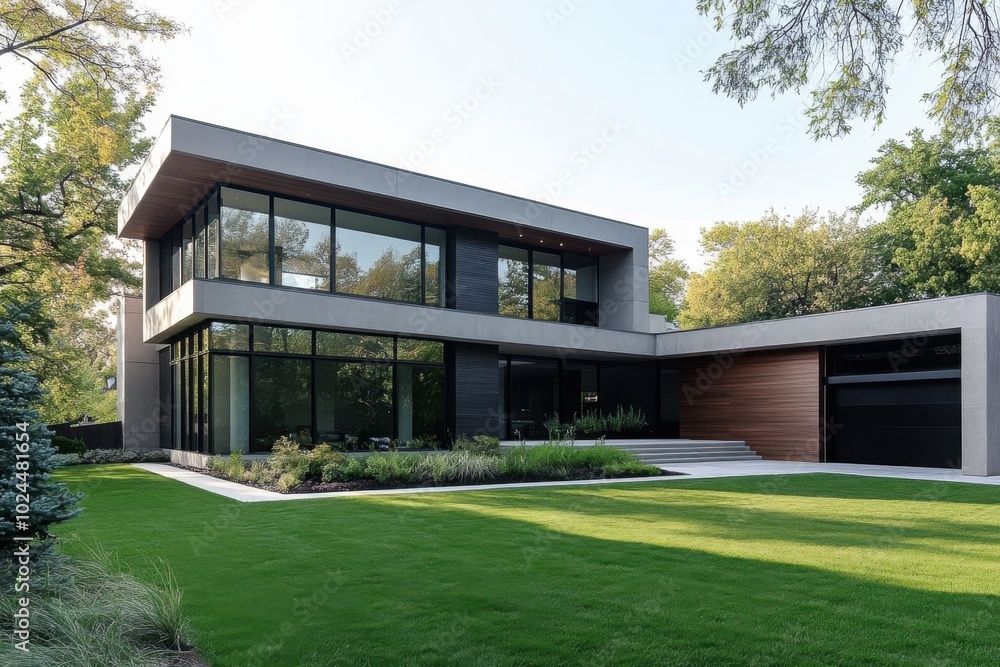 A sleek, minimalist two-story house with a geometric design, featuring a flat roof and clean A sleek, minimalist two-story house with a geometric design, featuring a flat roof and clean