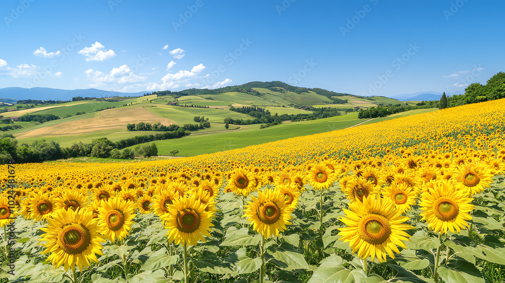 Obraz premium Sunflower fields under a clear blue sky.