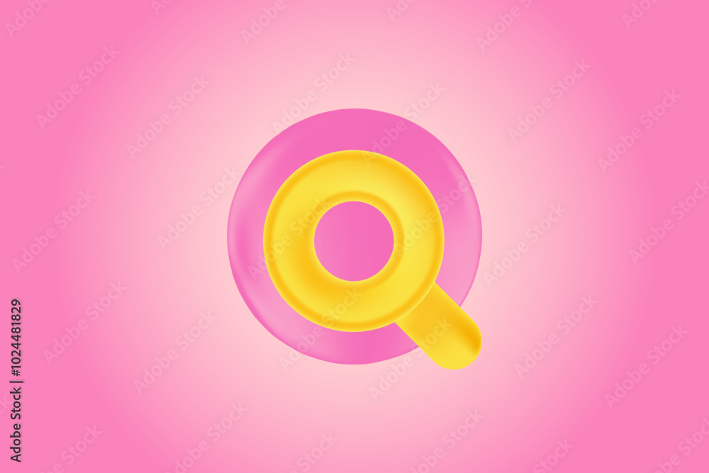 Cute 3D yellow, gold search icon or magnifier glass with glowing plastic texture. Aesthetic cartoon loupe pink gradient background, illustration for market data, marketing SEO search engine. Cute 3D yellow, gold search icon or magnifier glass with glowing plastic texture. Aesthetic cartoon loupe pink gradient background, illustration for market data, marketing SEO search engine.