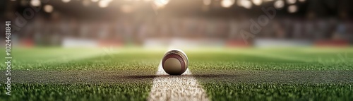 A baseball rests on the field's white line, with a blurred stadium in the background, capturing the essence of the game at dusk. photo