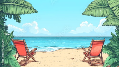 Wallpaper with tropical beach with sandy shore, palm trees. Landscape with ocean, sea. hand-drawn. picture is drawn with colored pencils. Background for postcard or invitation. Backdrop with copy spac photo