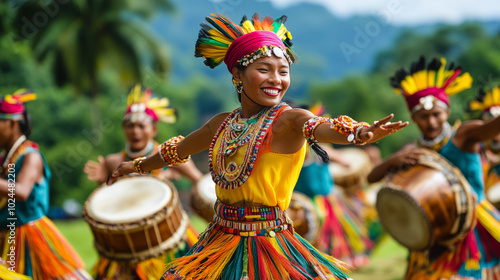 atmosphere of Wangala Festival in Garo village, dancers wearing brightly colored traditional clothes with headbands and jewelry, Ai generated images photo