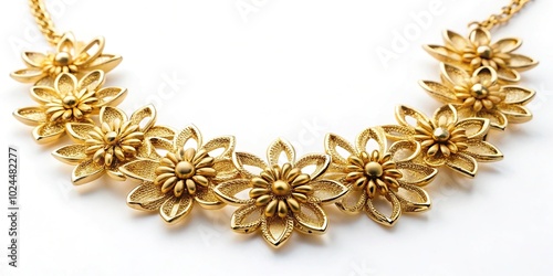 Macro golden floral and decorative necklace on white background