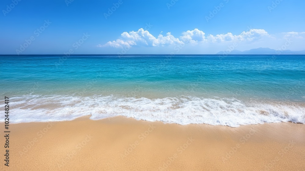 A serene escape, tranquil waves caressing the sandy shores of picturesque beach paradise A serene escape, tranquil waves caressing the sandy shores of picturesque beach paradise