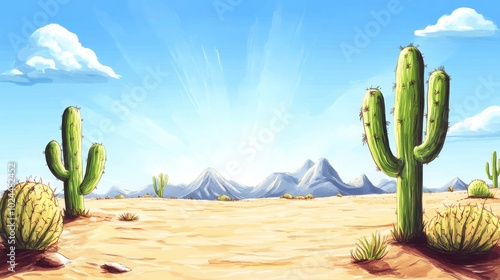 Wallpaper with desert landscape with sand, dunes and cacti. hand-drawn. picture is drawn with colored pencils. Background for postcard or invitation. Backdrop with copy space.