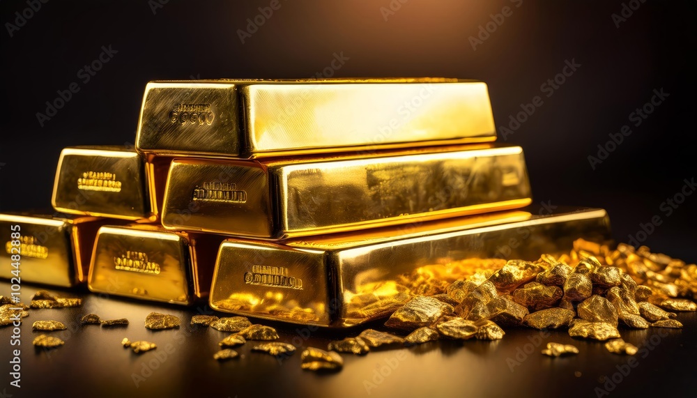 A stack of shiny gold bars surrounded by gold coins and gold dust on a dark surface. The bars are engraved with their weight and purity, symbolizing wealth and valuable investments A stack of shiny gold bars surrounded by gold coins and gold dust on a dark surface. The bars are engraved with their weight and purity, symbolizing wealth and valuable investments