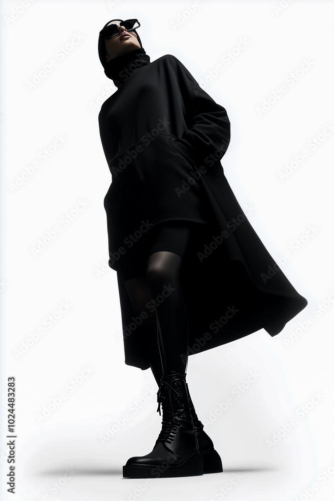 A woman in a black dress and black boots stands in front of a white background