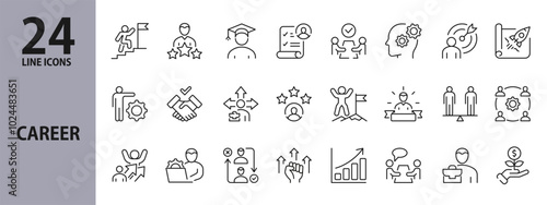 Career line icons set with Success, Growth, Work, Goals, Motivation, Achievements. Editable Stroke