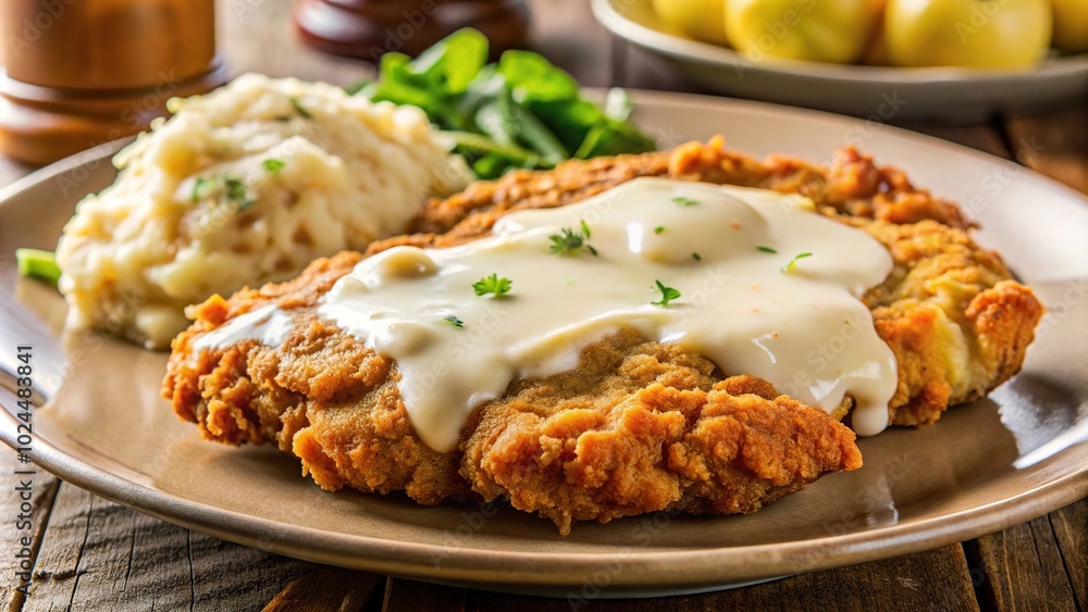 Macro image of chicken fried steak with gravy and mashed potatoes on a plate Macro image of chicken fried steak with gravy and mashed potatoes on a plate