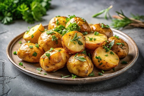 Macro image of baked potatoes with fresh herbs on a plate on a gray background