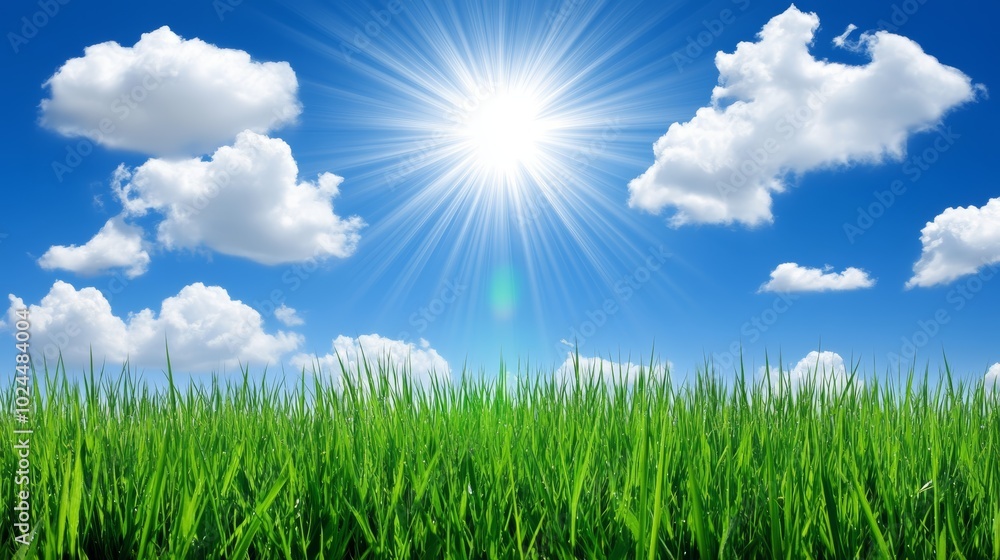 Serene landscape of verdant grass, azure sky, and fluffy clouds bathed in golden sunlight Serene landscape of verdant grass, azure sky, and fluffy clouds bathed in golden sunlight