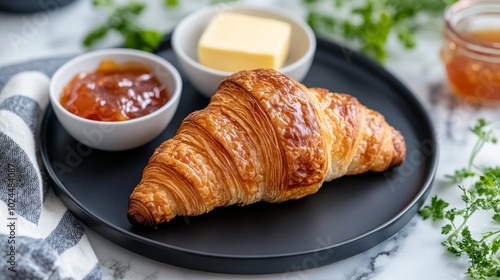 Un croissant servido con mantequilla y mermelada de naranja, presentado en un plato oscuro sobre una superficie de mármol.


