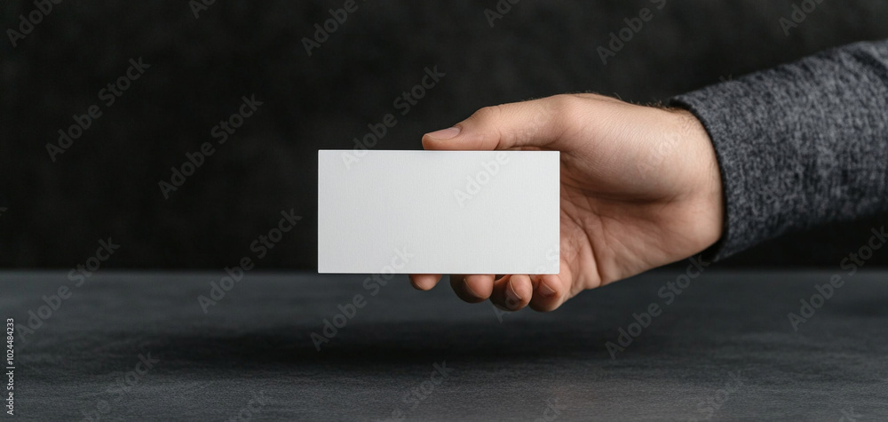 Obraz premium Hand holding a blank card on a dark textured background