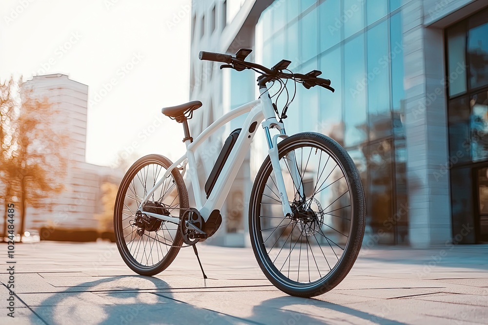 Modern electric bicycle in front of the modern office building. Business and transportation concept Modern electric bicycle in front of the modern office building. Business and transportation concept