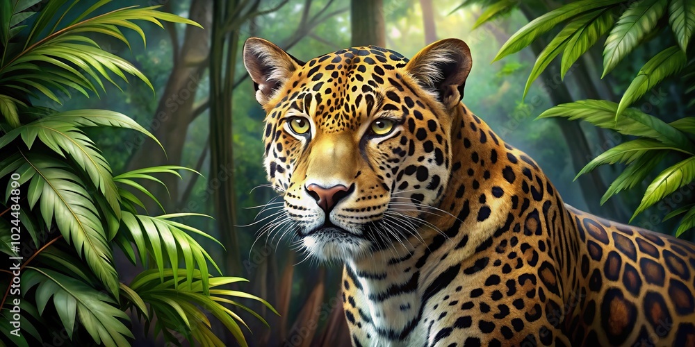 Naklejka premium Macro jaguar in jungle leaves painting style
