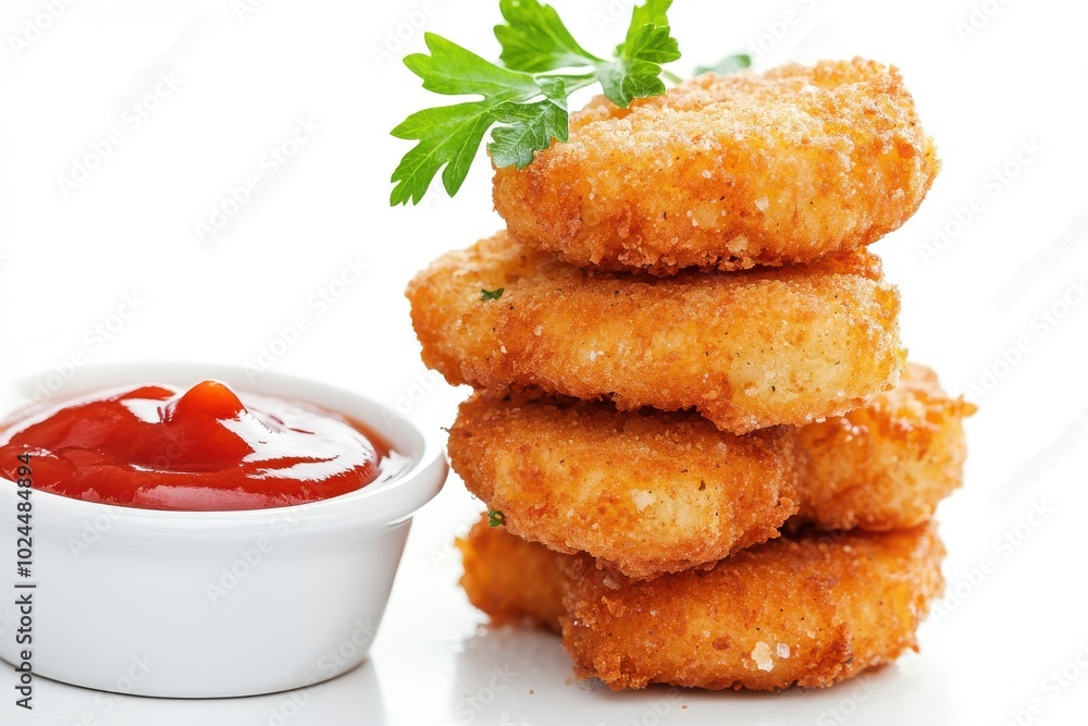 A stack of crispy, golden chicken nuggets next to a small white dish filled with ketchup A stack of crispy, golden chicken nuggets next to a small white dish filled with ketchup