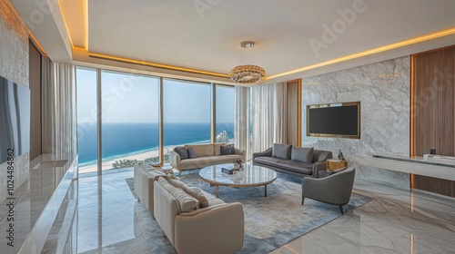 Luxurious Living Room with Ocean View and Modern Furniture