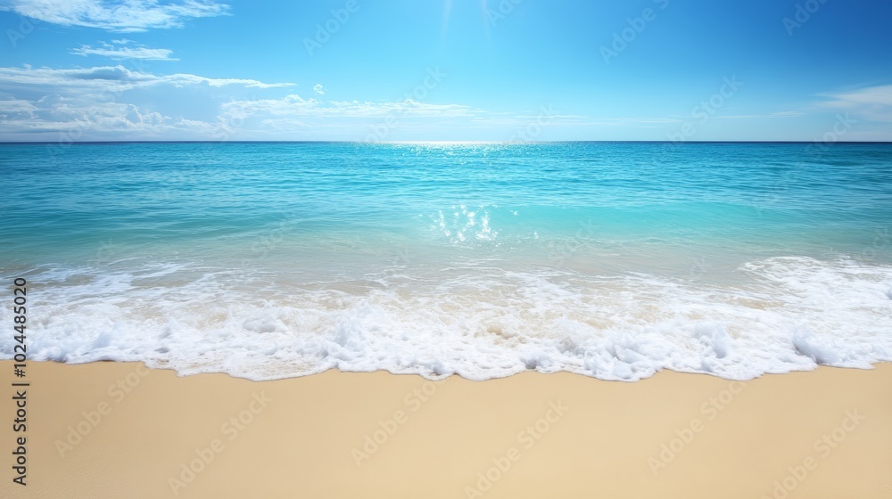 Fototapeta premium Tranquil blue waters meet golden sands, a serene beach scene on sunny day