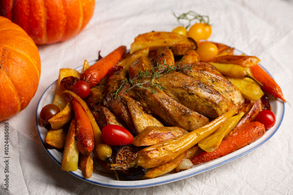 Baked chicken fillet with vegetables including sweet potatoes and pumpkin. Concept of saving resources, alternative to turkey on thanksgiving day Baked chicken fillet with vegetables including sweet potatoes and pumpkin. Concept of saving resources, alternative to turkey on thanksgiving day