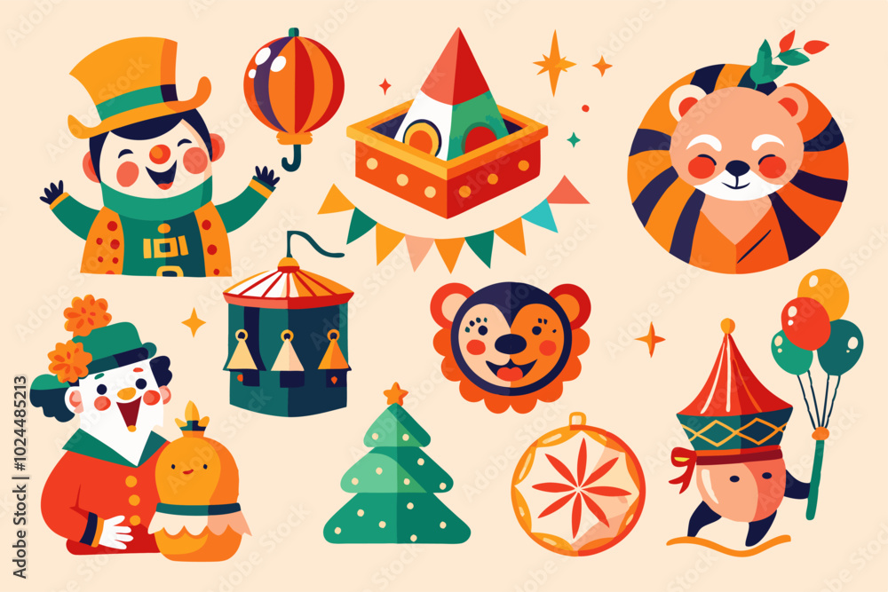 Festive circus and christmas art collection featuring ornaments and clowns for holiday decoration Festive circus and christmas art collection featuring ornaments and clowns for holiday decoration