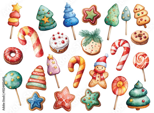 Watercolor christmas set of gingerbread cookies, candy canes, gingerbread man, christmas tree, gingerbread man, lollipop, gingerbread man, snowman, candy cane, fir tree, star