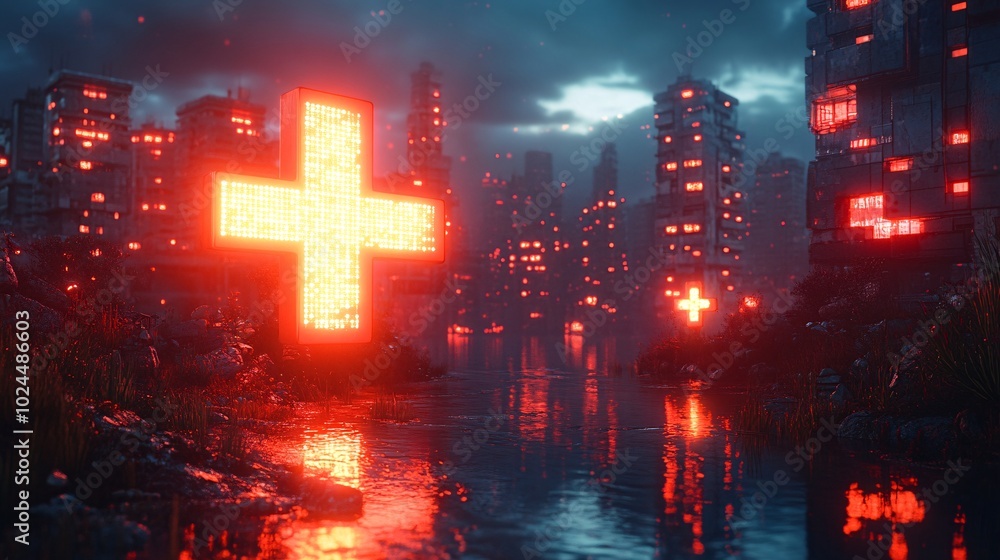 Fototapeta premium Virtual Health Symbol Glow in Futuristic Cityscape