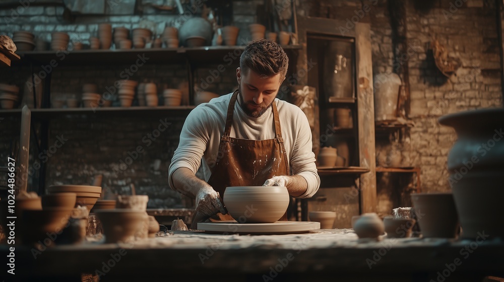 image of male craftsman working on potters wheel at pottery studio image of male craftsman working on potters wheel at pottery studio