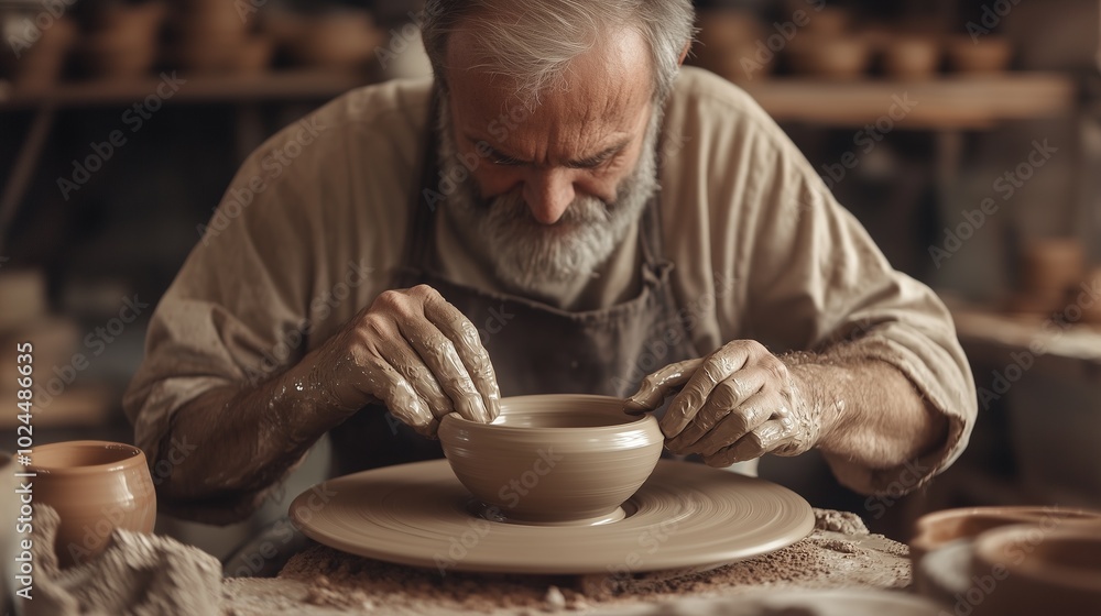 image of male craftsman working on potters wheel at pottery studio image of male craftsman working on potters wheel at pottery studio