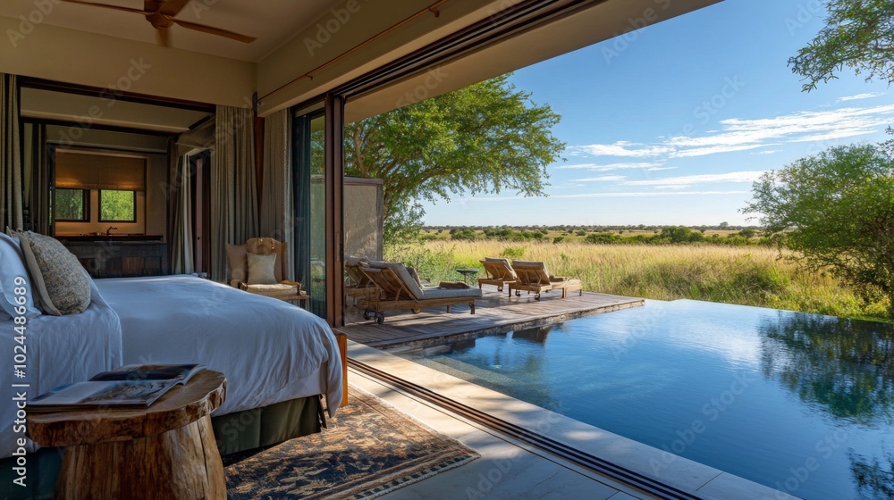 Fototapeta premium Luxurious Bedroom with Private Pool and Serene Savanna View