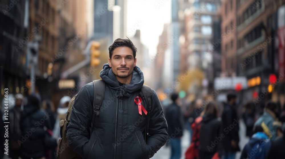 man standing on a bustling city street, holding a red AIDS ribbon in one hand, looking towards the camera with a determined expression man standing on a bustling city street, holding a red AIDS ribbon in one hand, looking towards the camera with a determined expression