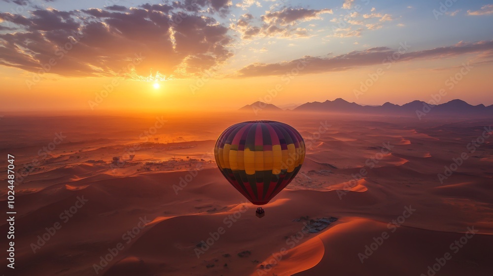 Hot Air Balloon Soaring Over a Desert Landscape at Sunrise Hot Air Balloon Soaring Over a Desert Landscape at Sunrise