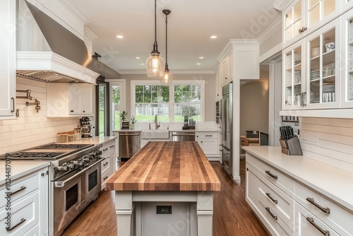 Wallpaper Mural A traditional kitchen featuring white cabinets, stainless steel appliances, and a butcher block Torontodigital.ca