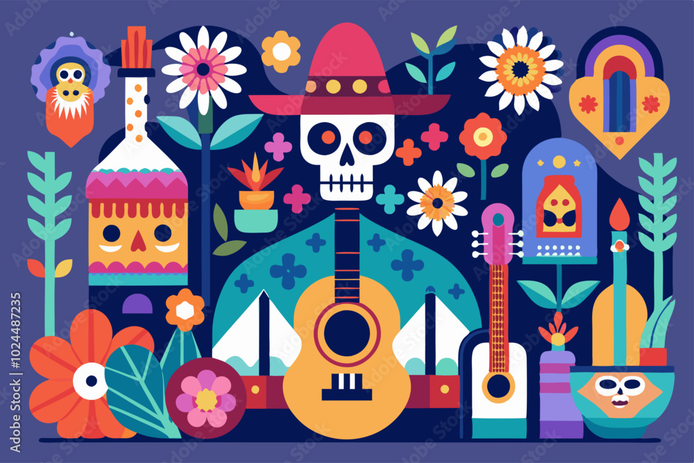 Colorful dia de los muertos celebration with skull, flowers, and mexican symbols for holiday decor Colorful dia de los muertos celebration with skull, flowers, and mexican symbols for holiday decor
