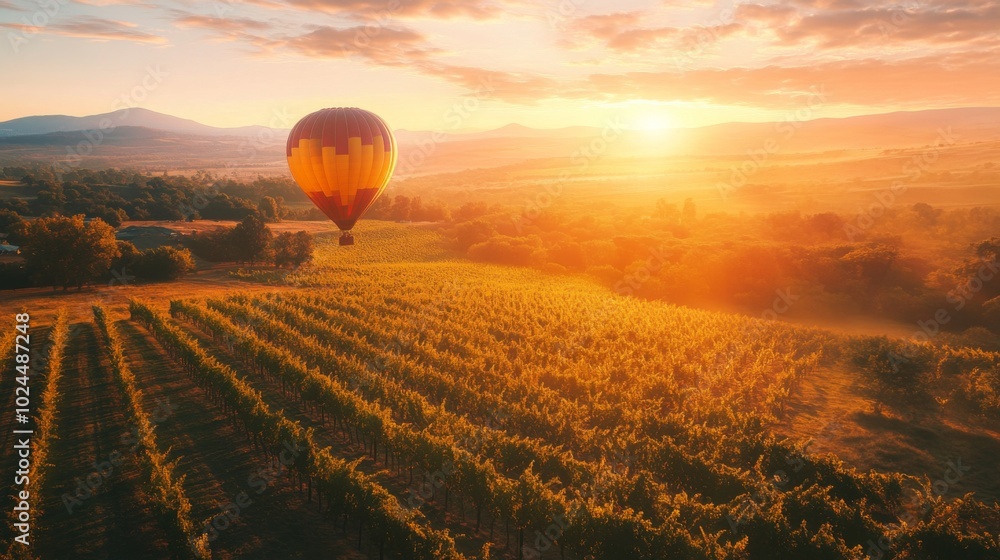 Hot Air Balloon Soaring Over Vineyard at Sunset Hot Air Balloon Soaring Over Vineyard at Sunset