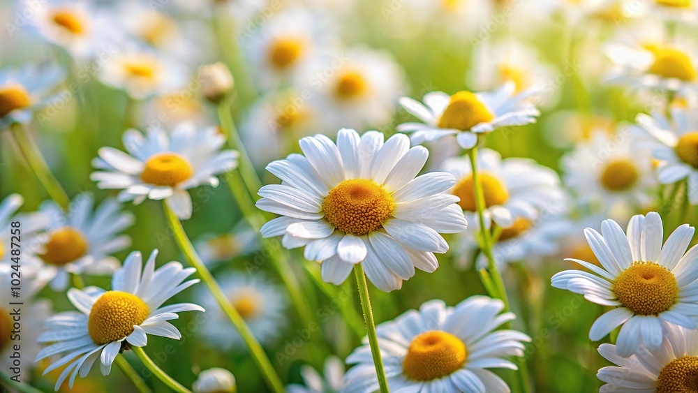 Fototapeta premium Macro of white chamomile flowers blooming in field with blurred background