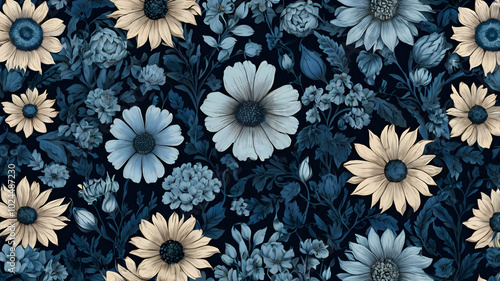 Seamless floral pattern featuring delicate flowers in soft blue tones, ideal for fabric design, wallpaper, or background decor