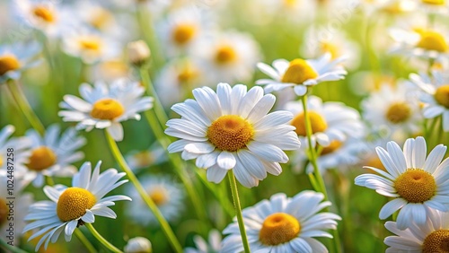 Macro of white chamomile flowers blooming in field with blurred background