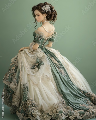 Ball jointed doll in a beautiful and elegant ballgown, adorned with pearls and soft tulle