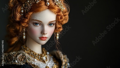 Ball jointed doll in an elegant medieval queen s robe with golden embroidery and jewels photo