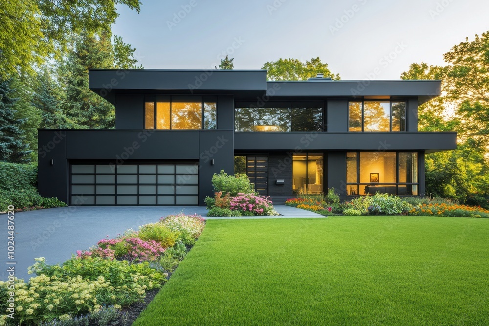 Naklejka premium A two-story modern home with a sleek, angular design and a dark gray facade