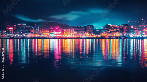 Mesmerizing Nightscape: A Colorful Reflections of Urban Life by the Water's Edge Under Starry Skies