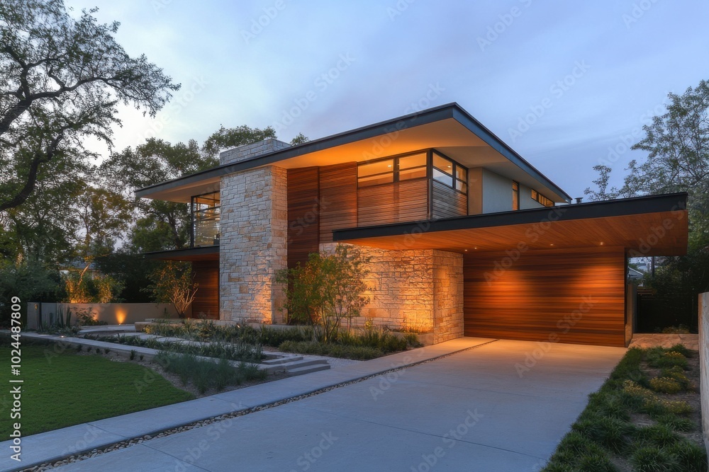 A two-story modern home with wooden paneling and stone accents, featuring a stylish carport A two-story modern home with wooden paneling and stone accents, featuring a stylish carport