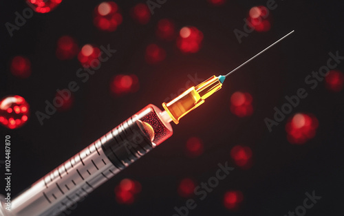 Close-up of a syringe with a blurred background of red particles.