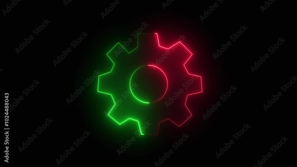 Setting icon neon glowing loop animation. Neon green and red color Glow Settings, spinning gears, glowing neon setting icon isolated on black background. Setting icon neon glowing loop animation. Neon green and red color Glow Settings, spinning gears, glowing neon setting icon isolated on black background.