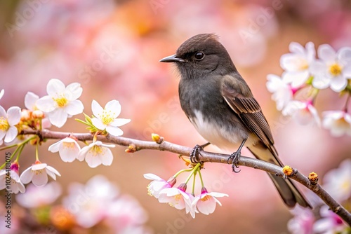 Macro photo of a Black Phoebe bird perched in a Cherry Blossom tree photo