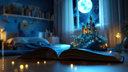 A magical storybook featuring a pop-up castle and dragon scene, placed in a child's bedroom at night, with moonlight casting a mystical glow.
