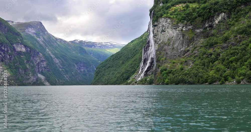 Geiranger fjord, waterfall Seven Sisters. Beautiful Nature Norway natural landscape. Geiranger fjord, waterfall Seven Sisters. Beautiful Nature Norway natural landscape.