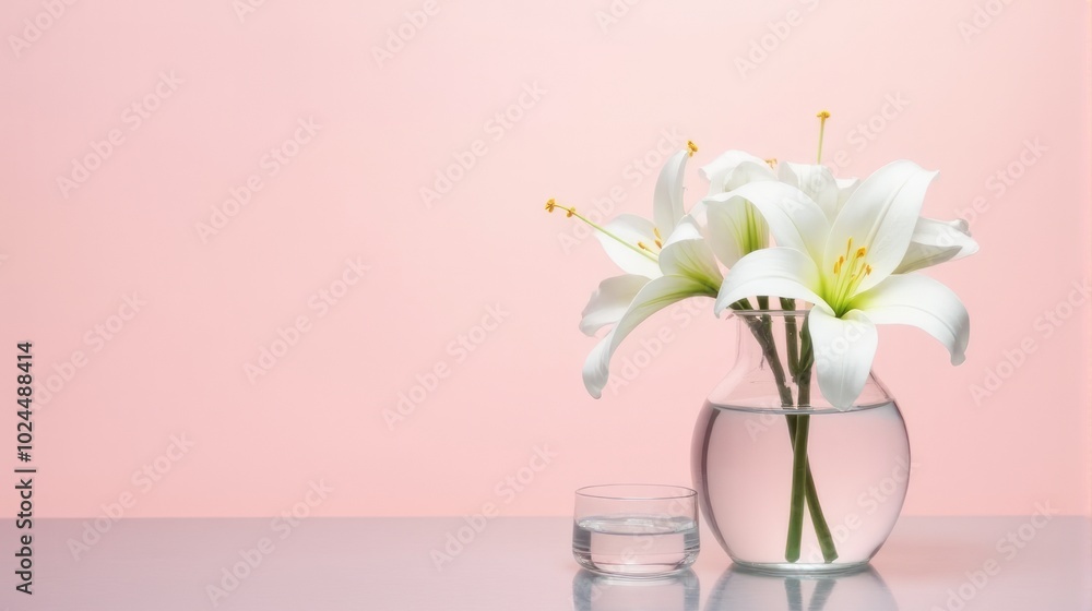 Crystal Vase With Elegant White Lilies on a Pastel Pink Background with Glass Cup Crystal Vase With Elegant White Lilies on a Pastel Pink Background with Glass Cup