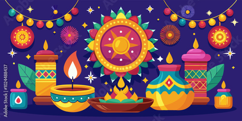 Diwali festival celebration with colorful diyas, rangoli, and lanterns for festive decor